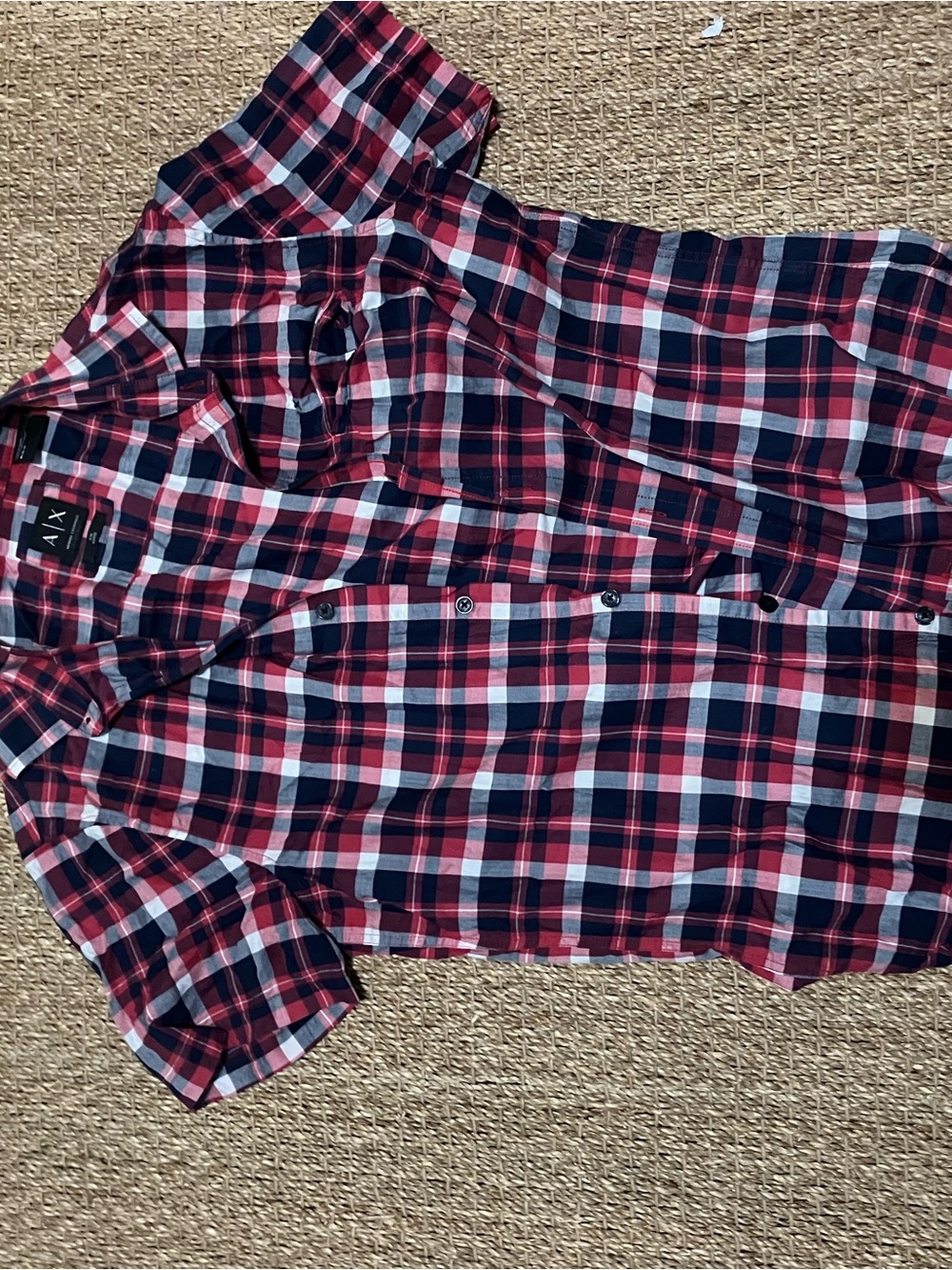 Armani Exchange Red, Navy & White Plaid Short Sleeve Button-Down Shirt